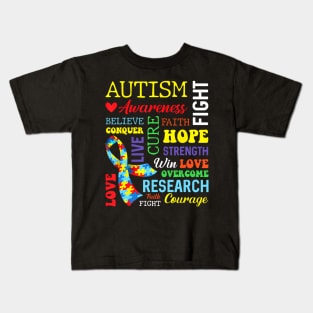 Autism Hope Overcome Awareness Love Cure Fight Strength Kids T-Shirt